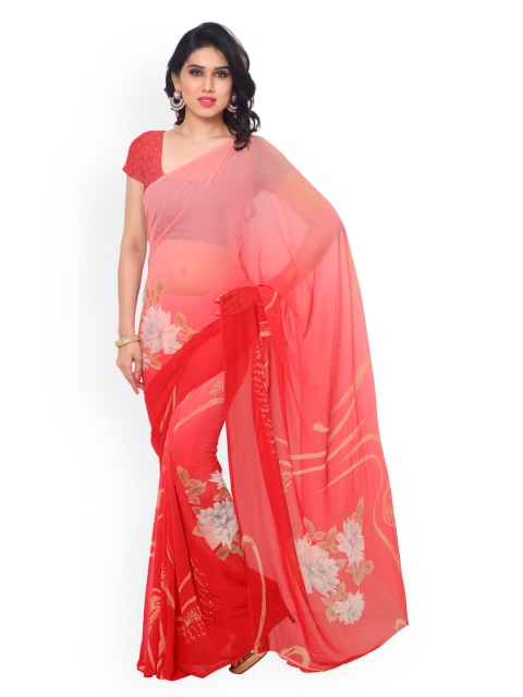 

Ligalz Pink & Red Georgette & Chiffon Floral Print Saree