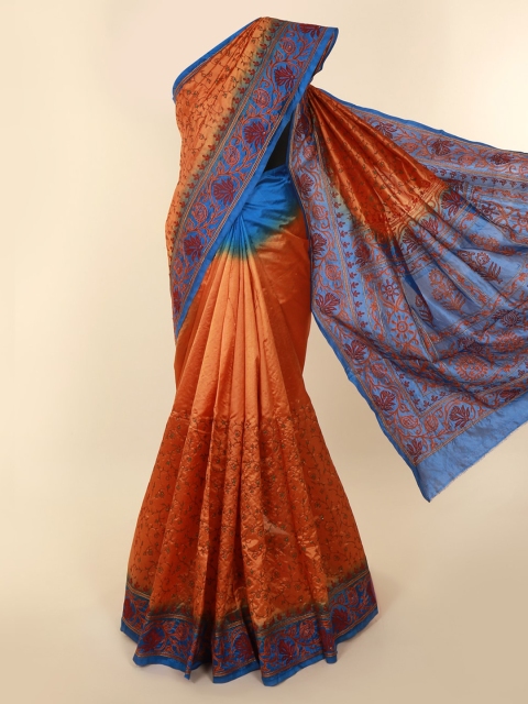 

Pothys Rust & Blue Jute Silk Embroidered Saree with Contrast Pallu