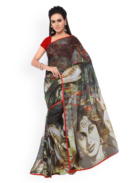 

Ligalz Grey Georgette & Chiffon Graphic Print Saree