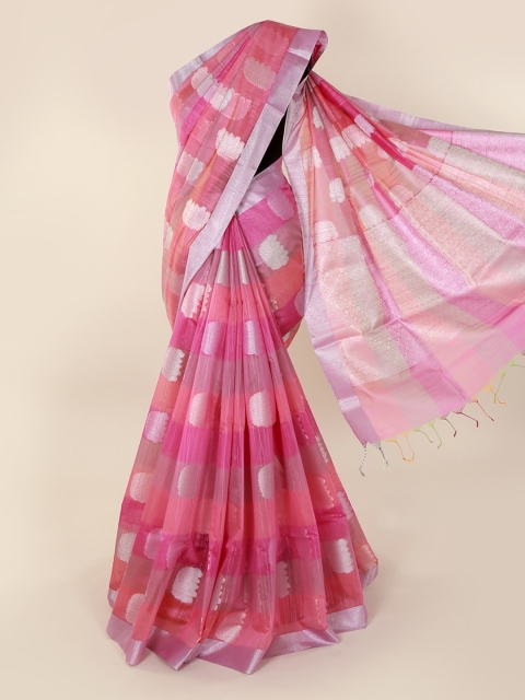 

Pothys Pink & Silver-Toned Cotton Blend Checked Saree
