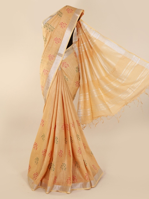 

Pothys Peach-Coloured Embroidered Linen Blend Saree
