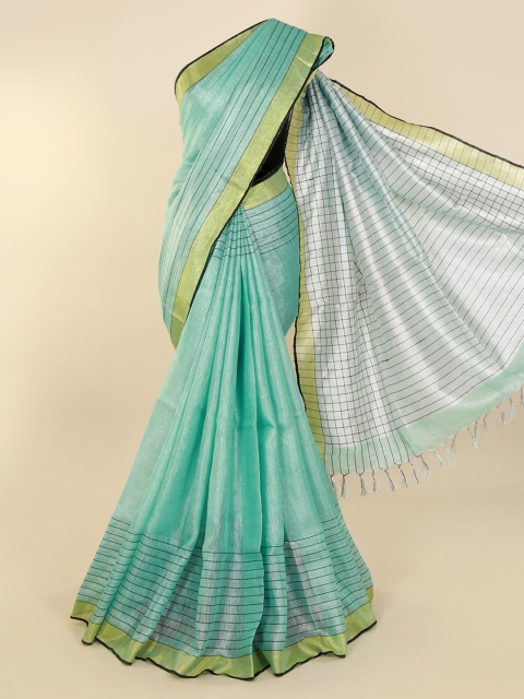 

Pothys Green & Black Linen Blend Striped Saree with Jhalar Pallu