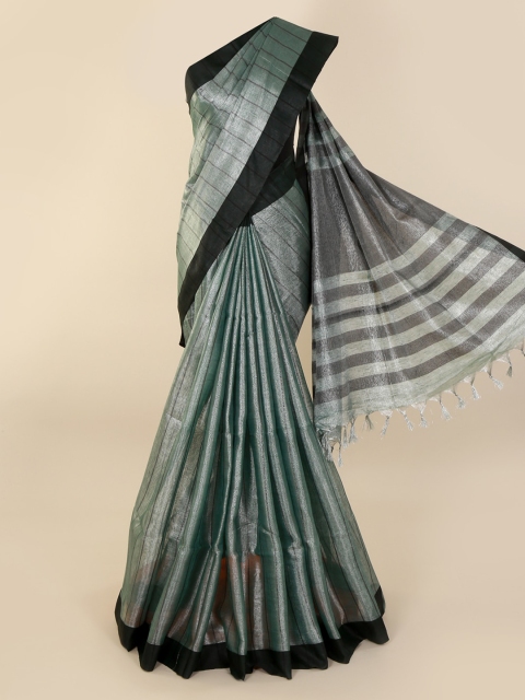 

Pothys Green & Black Linen Blend Striped Saree