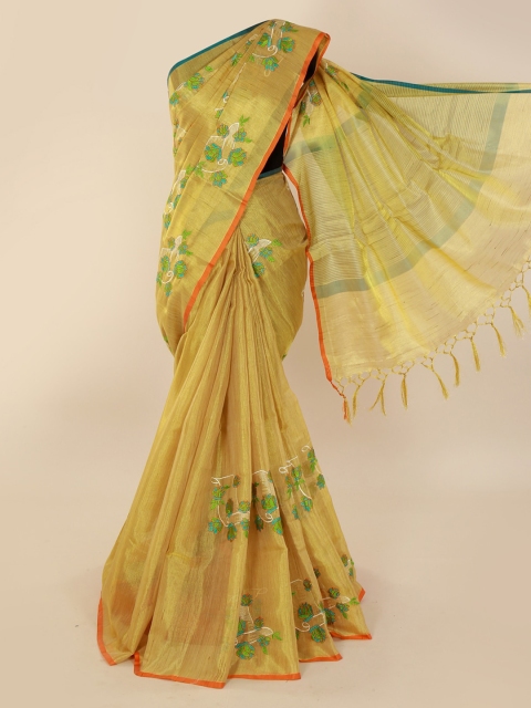 

Pothys Yellow & Green Tissue Embroidered Saree