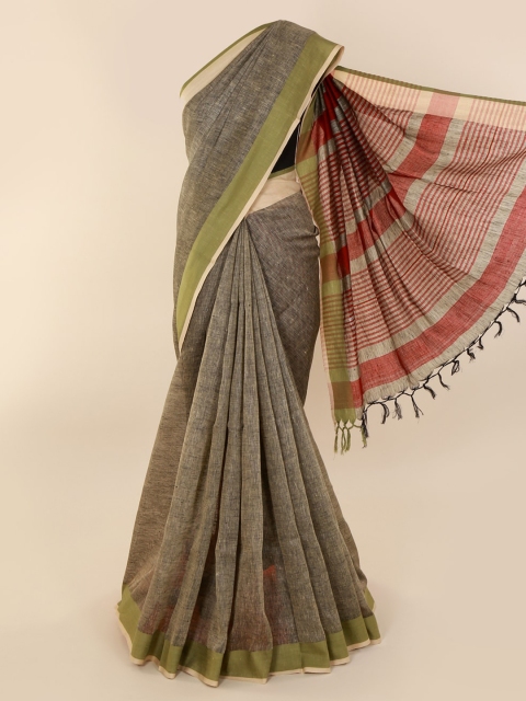 

Pothys Brown & Green Linen Blend Solid Saree