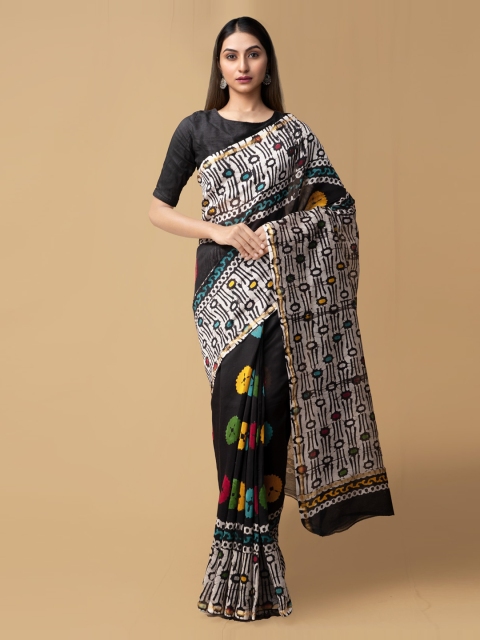 

Unnati Silks Black & White Silk Cotton Printed Chanderi Saree