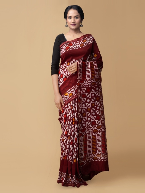 

Unnati Silks Maroon & White Silk Cotton Printed Chanderi Saree