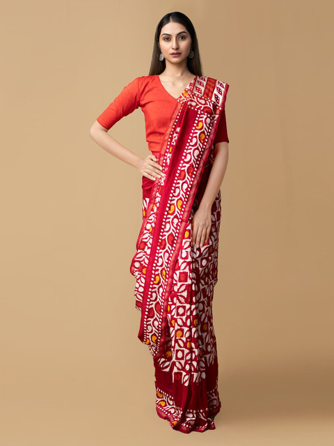 

Unnati Silks Red & White Silk Cotton Printed Chanderi Saree