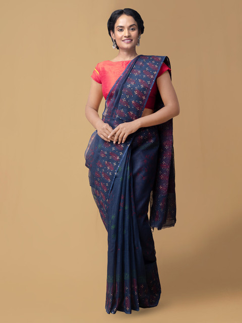 

Unnati Silks Navy Blue & White Pure Cotton Printed Bandhani Saree