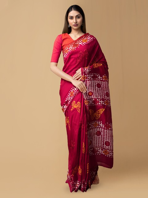 

Unnati Silks Red & White Silk Cotton Printed Chanderi Saree