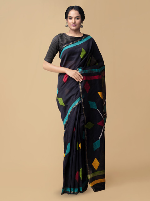 

Unnati Silks Navy Blue Silk Cotton Printed Chanderi Saree