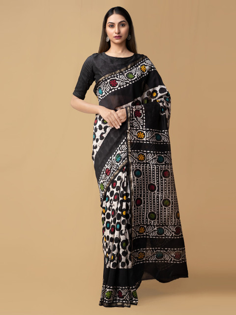 

Unnati Silks Black & White Silk Cotton Printed Chanderi Saree