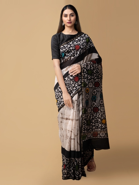 

Unnati Silks Black Silk Cotton Batik Printed Chanderi Saree