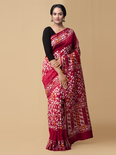 

Unnati Silks Red Silk Cotton Printed Chanderi Saree