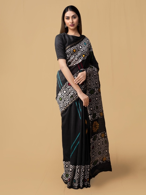 

Unnati Silks Black Silk Cotton Striped Chanderi Saree
