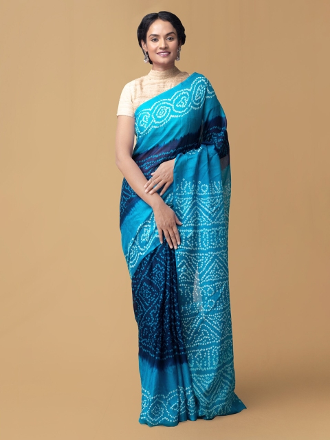 

Unnati Silks Blue Pure Chiffon Dyed Bandhani Saree