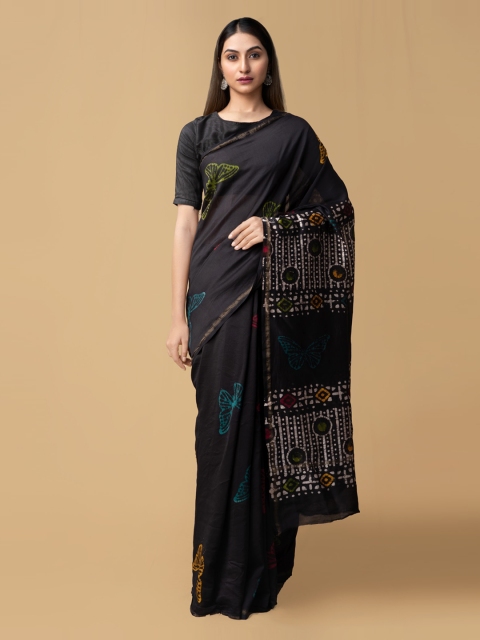 

Unnati Silks Women Black Pure Batik Printed Chanderi Sico Sustainable Saree