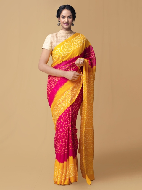 

Unnati Silks Pink & Yellow Pure Chiffon Printed Bandhani Saree