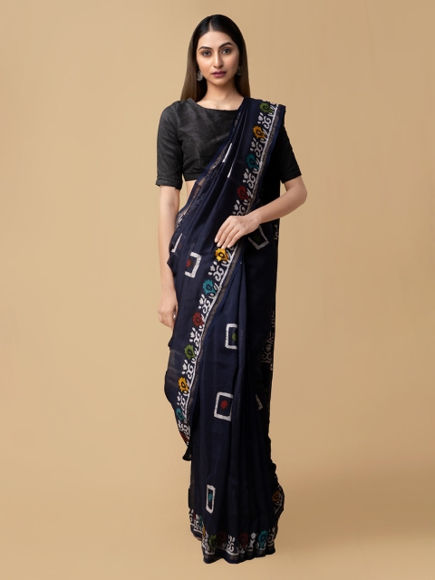 

Unnati Silks Navy Blue Silk Cotton Batik Printed Handloom Chanderi Saree