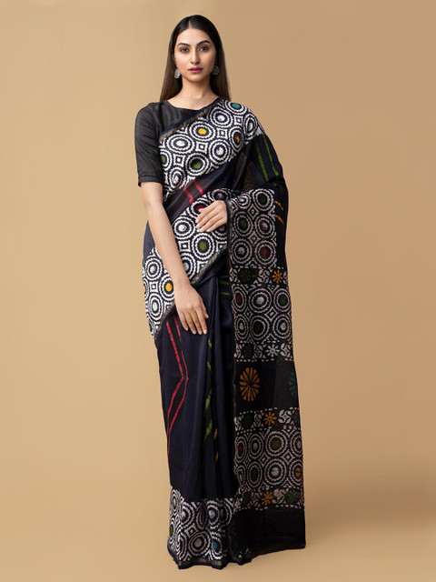 

Unnati Silks Navy Blue Silk Cotton Striped Chanderi Saree