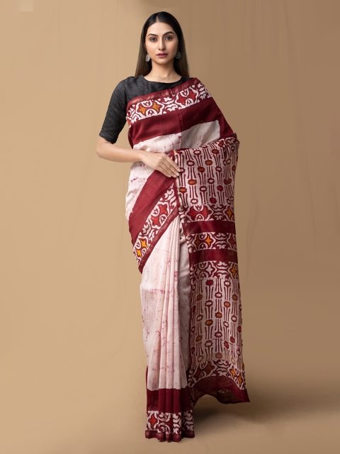 

Unnati Silks White & Maroon Silk Cotton Printed Chanderi Saree