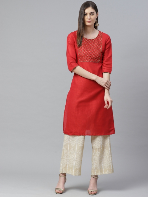 

AURELIA Women Red & Golden Zari Yoke Design Kurta