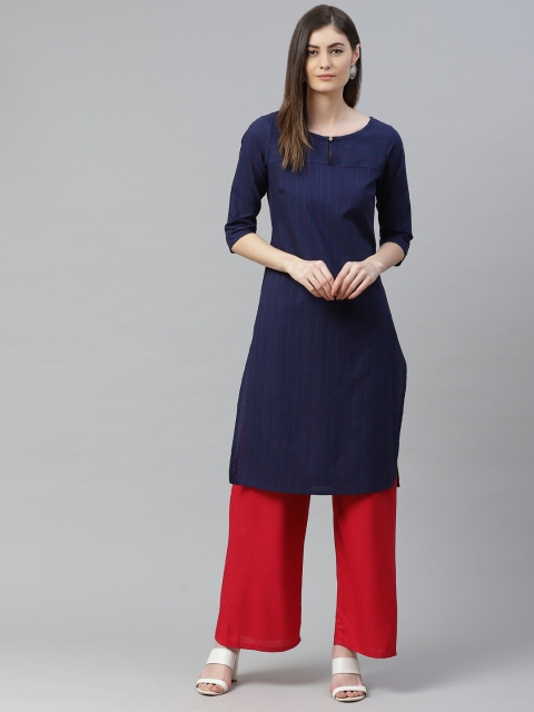 

AURELIA Women Navy Blue & Red Striped Pure Cotton Kurta