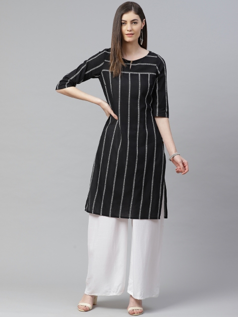 

AURELIA Women Black & White Pure Cotton Striped Kurta