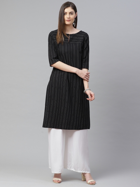 

AURELIA Women Black & White Self-Striped Cotton Straight Kurta