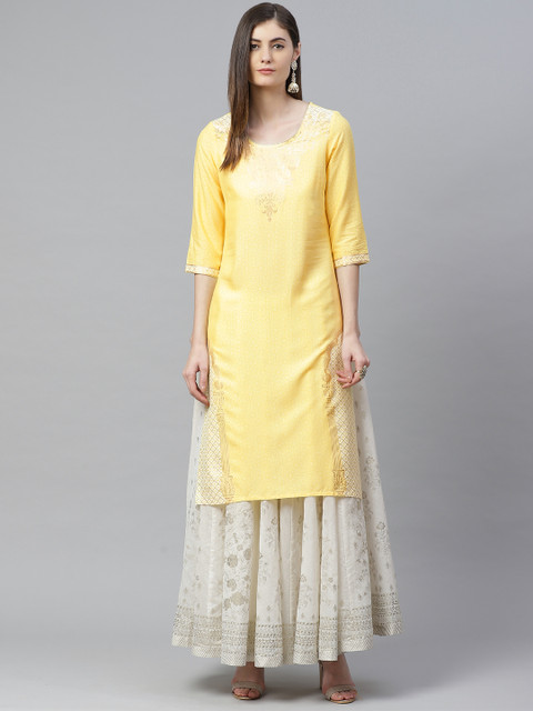 

AURELIA Women Yellow & Golden Geometric Printed Straight Kurta