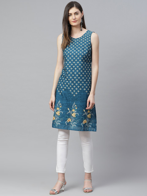 

AURELIA Women Blue & Yellow Floral Printed Cotton Straight Kurta