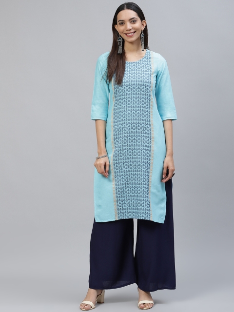 

AURELIA Women Blue Geometric Woven Design Cotton Straight Kurta