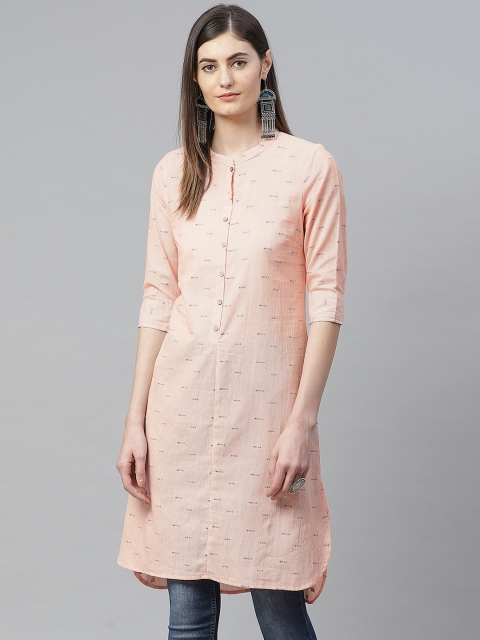 

AURELIA Women Orange & White Self-Striped Cotton High-Low Straight Kurta