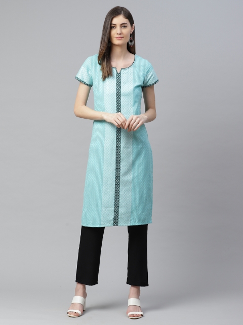 

AURELIA Women Blue & White Geometric Woven Design Cotton Straight Kurta