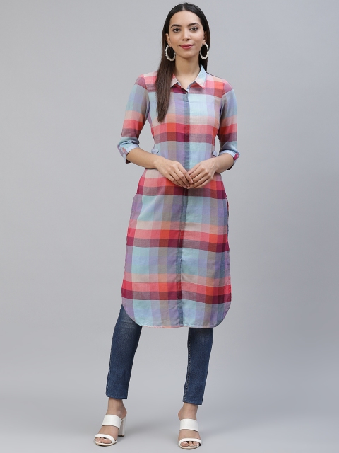 

AURELIA Women Blue & Pink Checked Pure Cotton Straight Kurta