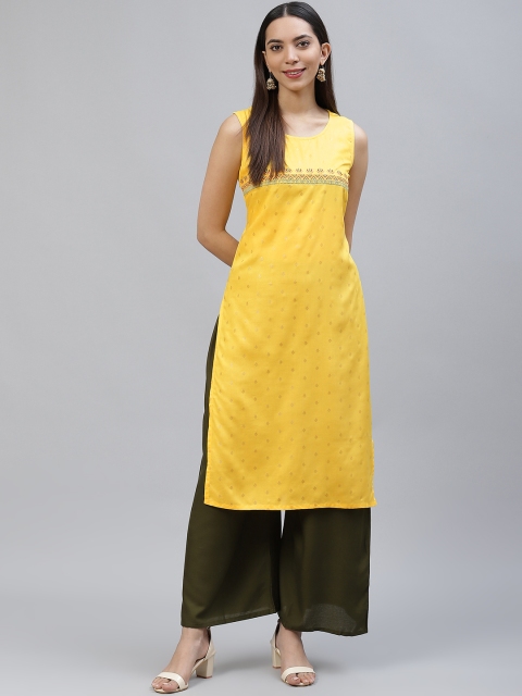 

AURELIA Women Yellow Printed Thread Work Straight Kurta