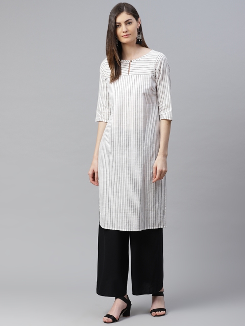 

AURELIA Women Off White & Navy Blue Striped Straight Kurta