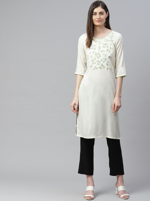 

AURELIA Women Off-White & Green Floral Thread Work Straight Kurta