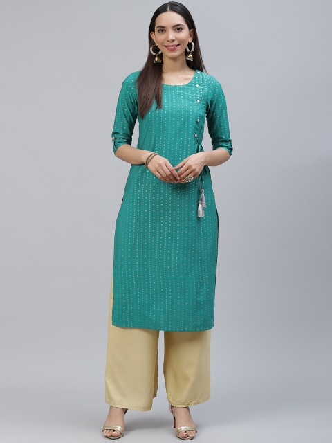 

AURELIA Women Green & Golden Geometric Printed Angrakha Kurta