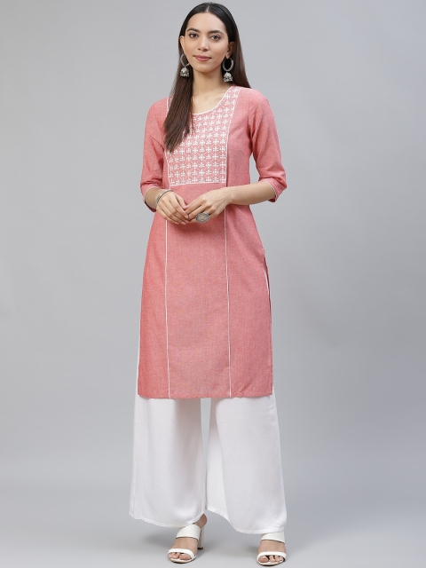 

AURELIA Women Pink & White Geometric Yoke Design Cotton Straight Kurta