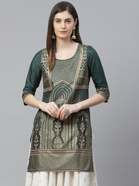 

AURELIA Women Green & Golden Ethnic Motifs Printed Straight Kurta