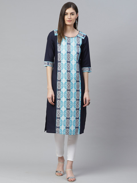 

AURELIA Women Navy Blue & White Geometric Woven Design Straight Kurta