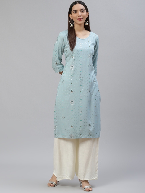 

AURELIA Women Blue & Silver Floral Printed Kurta