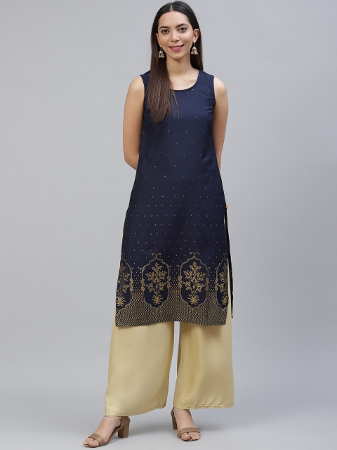 

AURELIA Women Navy Blue & Golden Geometric Printed Kurta