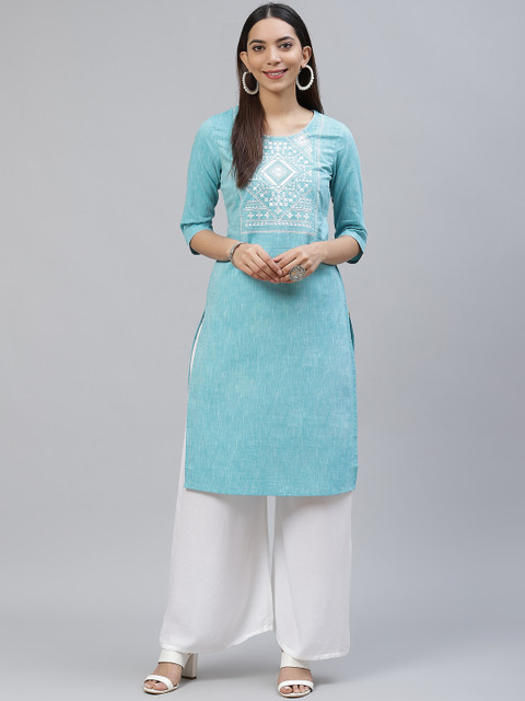 

AURELIA Women Blue Ethnic Motifs Yoke Design Thread Work Kurta