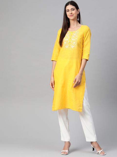 

AURELIA Women Yellow Ethnic Motifs Yoke Design Pure Cotton Kurta