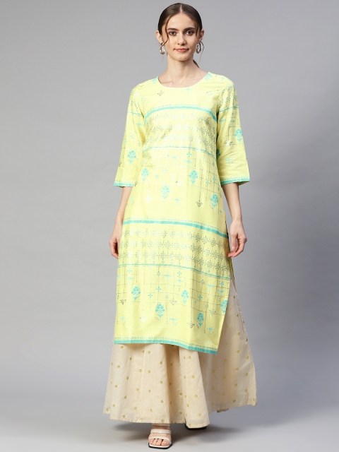 

AURELIA Women Yellow & Blue Ethnic Print Straight Kurta