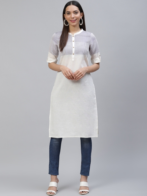 

AURELIA Women Off White Yoke Design Dobby Straight Kurta