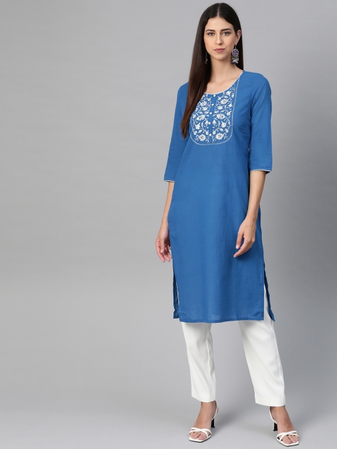 

AURELIA Women Blue Ethnic Motifs Yoke Design Pure Cotton Kurta
