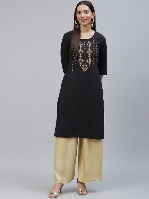 

AURELIA Women Black & Peach-Coloured Ethnic Motifs Yoke Design Thread Work Kurta